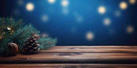 Wall Mural - Empty old wooden table over magic dark blue glitter Christmas background