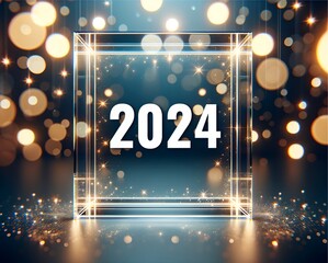 Wall Mural - 2024 year in modern glass frame with bokeh lights.