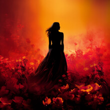 Silhouette Of A Beautiful Woman, Standing Back On Abstract Red Blurred Background With Flowers