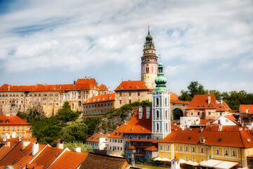 Canvas Print - Beautiful Cesky Krumlov in the Czech Republic, with the Tower of St Jost Church and the Castle Dominating the City