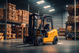 Fototapeta Sawanna - Forklift in modern automatic warehouse. Boxes are on the shelves of the warehouse. Warehousing, machinery concept. Logistics in stock.