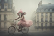 ein Elefant in rosa Kleid auf dem Fahrrad, an elephant in a pink dress on a bicycle