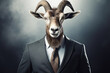 A goat wearing a suit and tie standing in front of a dark background. Suitable for business, humor, and animal-related projects