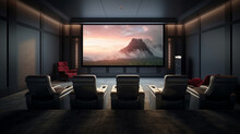 a modern home theater with reclining chairs and a large projection screen and a popcorn machine