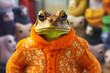 A cute frog wearing an orange sweater stands confidently in front of a collection of various stuffed animals. Perfect for children's stories or toy advertisements.