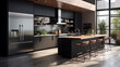 a modern kitchen with black cabinets and stainless-steel appliances and a large island counter