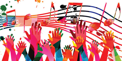 Wall Mural - Music background with colorful musical notes staff and hands vector illustration design. Artistic music festival poster, live concert events, party flyer, music notes signs and symbols	