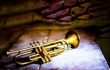 Sticker - a splendid Antique Jazz trumpet in an old cellar