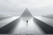 man walking towards triangle monument concept of perseverance and success