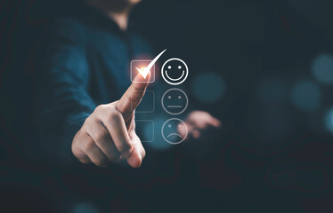 Poster - Businessman touching to select smile icon for excellent survey from customer evaluation after use product and service concept.