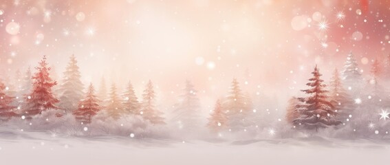 Wall Mural - Winter and christmas forest landscape with snow falling and bokeh lights in a red tone. Abstract winter background.