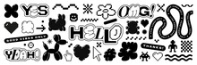 Bubble And Pixel Y2k Retro Sticker Pack. Balloon Abstract Shapes And 8bit Icons In Trendy Retro Style. Hello Omg Yeah. Cartoon Graffiti Tattoo Vector Illustration Isolated On White Background.