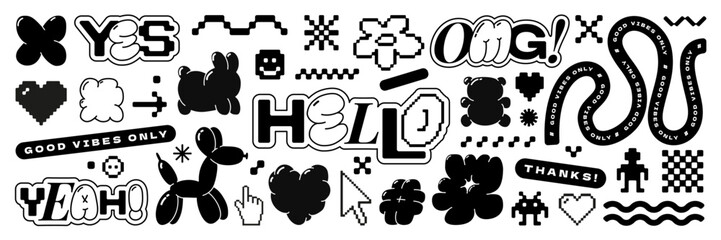 Bubble and pixel Y2k retro sticker pack. Balloon abstract shapes and 8bit icons in trendy retro style. Hello omg yeah. Cartoon graffiti tattoo vector illustration isolated on white background.