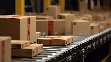 multiple cardboard box packages moving along a conveyor belt