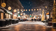 Abstract Christmas background featuring a city street with blurred lights, snow-covered trees, and the glow of holiday decorations on a wintry night.
