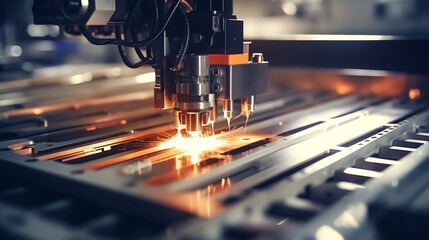 Leinwandbilder - Generative AI : Macro CNC laser machine cutting sheet metal with light spark. 