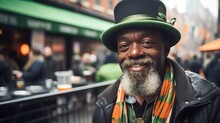 Afro Man Dressed As Irish Leprechaun St Patrick's Day Parade In New York.