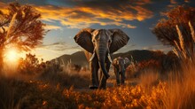 African Elephant Family In Front Of The Stunning Savanna Sky At Sunset