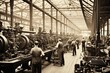 Leinwandbild Motiv A black and white photo with sepia tones captures a 1920s industrial assembly line, showing a diverse group of men and women focused on their tasks amidst vintage machinery, evoking an era of early 