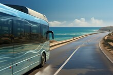Tourist bus rides. bus running along highways the background of sea coastline.