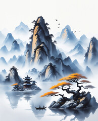 asian watercolor painting morning mist tree at the mountain lake