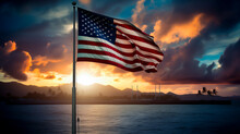 US Flag By The Water. Concept Of Remembrance Day For The Attack On Pearl Harbor During World War 2. Shallow Field Of View.