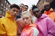 Portraits d'un groupe de jeunes adolescents, habillés en tenues cool et colorées, dans la ville