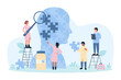 © Flash Vector - Mental health support, psychology vector illustration. Cartoon tiny people analyze puzzle jigsaw inside head, psychologists research cognitive problems of personality and mind disorders together