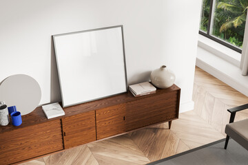 Top view of home living room interior with sideboard and decor, mockup frame