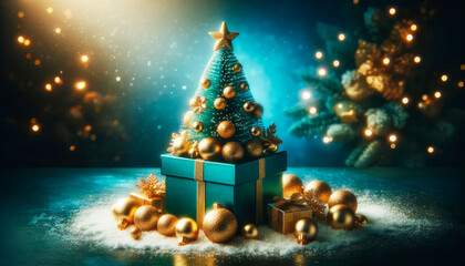 Christmas decoration on snow with gift box and tree on dark background. Generative AI