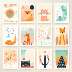 Illustrations feature minimalist designs with pastel colors, showing cats, nature, and abstract shapes. Perfect for decor, stationery, and digital projects, they offer a playful and modern feel.