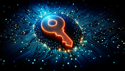 Key on digital circuit board background. Cyber security concept. Generative AI