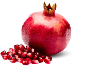 Pomegranate fruit and seeds isolated on white background, cut out