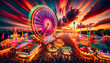 Dusk sets on a lively carnival, with a Ferris wheel in motion against a blazing sky, amidst a crowd and neon lights.Generative AI