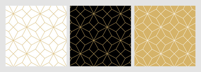 Aufkleber - Christmas pattern seamless star and triangle abstract backgrounds set. Collection of holiday design templates with elegant gold luxury color geometric  vector lines.  