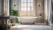 a traditional bathroom with a clawfoot tub and a white sink and marble flooring
