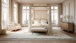 a traditional bedroom with cream-colored walls and carpeted floors A large four-poster bed is in the center of the room