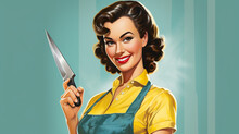 Pretty Pin Up Young Woman Holding A Knife. 50s Style Retro Poster. Generative AI