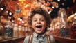 Happy and excited kid in a candy store, Generative AI
