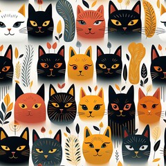 Wall Mural - seamless pattern with the heads of cats on white background
