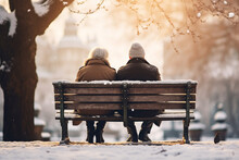 Back View Of Senior Couple Sitting On A Bench In A Winter Park With Snow. High Quality Photo