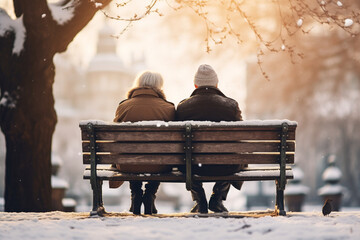 Back view of senior couple sitting on a bench in a winter park with snow. High quality photo