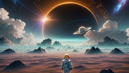 Wall Mural - Astronaut exploring an alien planet, surrealistic animation. Dreamy cosmic animation, big planet on horizon, illustrations transformations and metamorphose. AI generated video