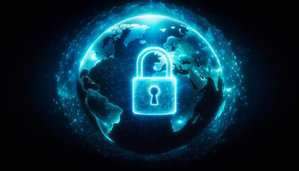 Cyber security concept with world map and glowing padlock on dark background. Generative AI