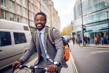 Wall Mural - Successful smiling African American businessman with backpack riding a bicycle in a city street in London. Healthy, ecology transport	