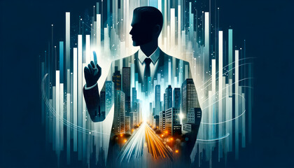 Wall Mural - Silhouette of successful businessman on cityscape background. Ambition concept. Double exposure. Generative AI