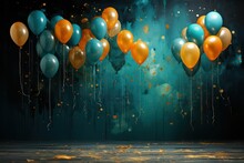 Orange And Green Balloons With Ribbons And Confetti On Dark Grunge Background