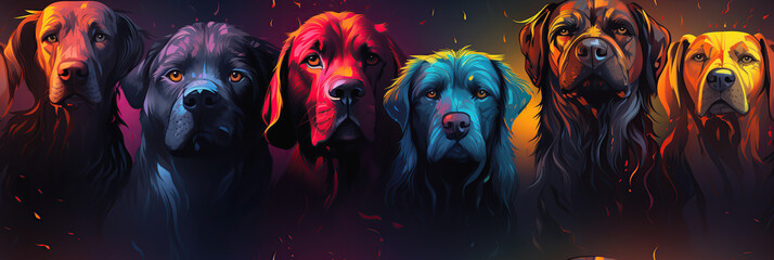 Wall Mural - seamless pattern with multicolored dog faces on bright black modern background for decoration