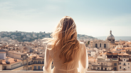 Blonde woman enjoy panorama of the beautiful city. Scenic view of the old town. Girl explore landmark in sunny day. Summer landscape, old historical architecture. Travel and adventure. Generated AI