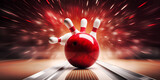Bowling club. The bowling ball stands in front of the pins, Picture of bowling ball hitting pins scoring a strike. Bowling background, generative AI

